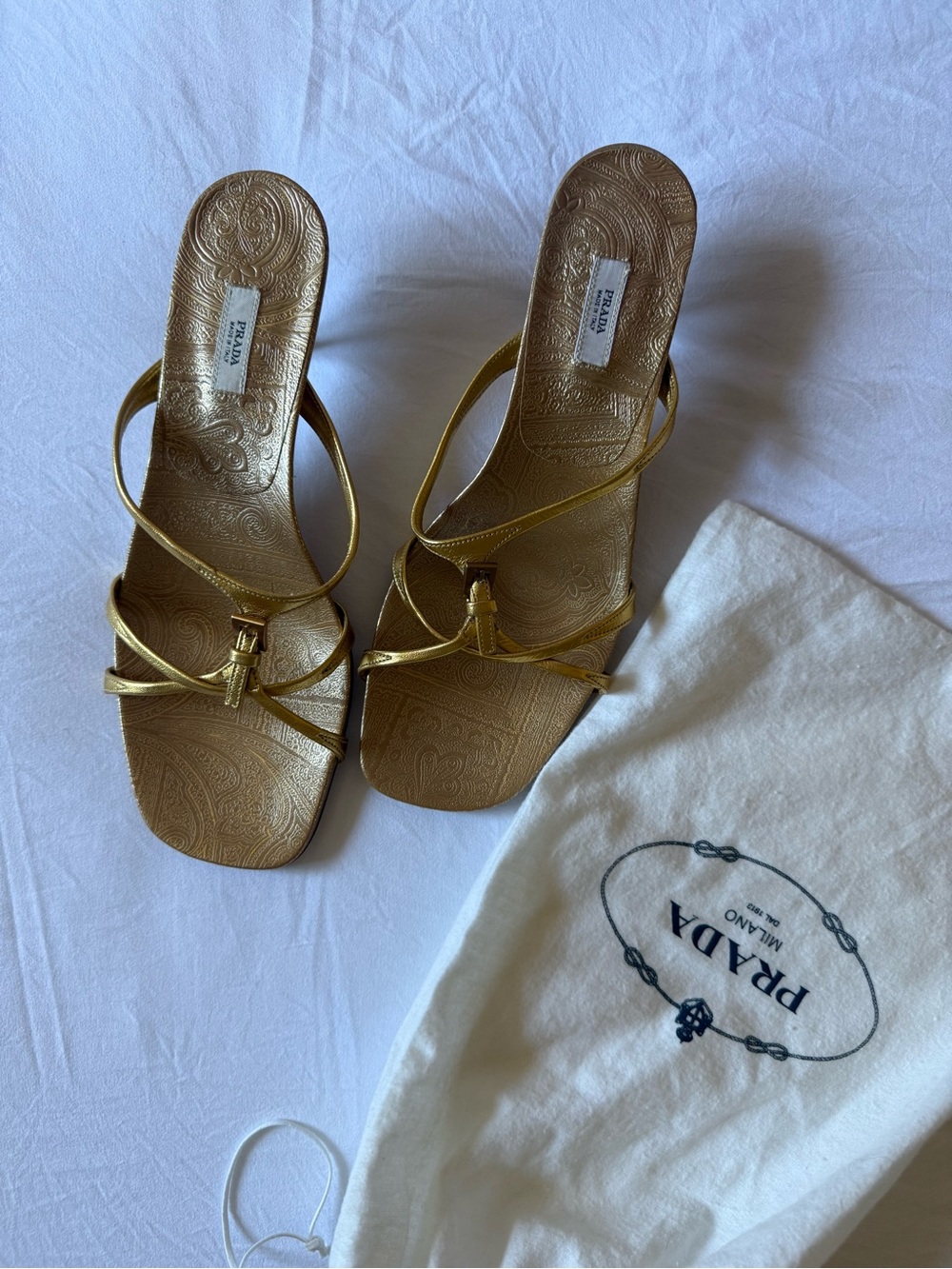 Vintage Prada Metallic Gold Strappy Kitten heels mules/Sandals, size 39.5 - Picture 4 of 14
